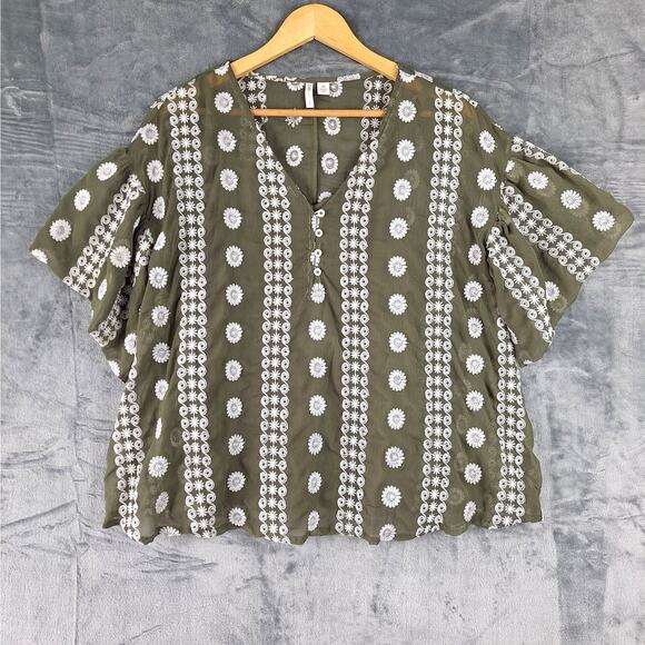 Womens Top Medium Boho Cottagecore Peasant Embroidered Floral‎ Green Sheer Gauzy - Picture 1 of 7